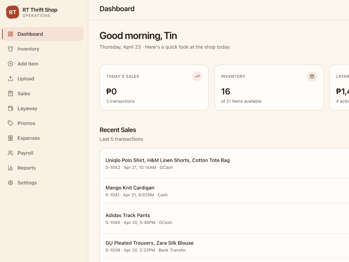 Thrift shop dashboard with sales and inventory cards