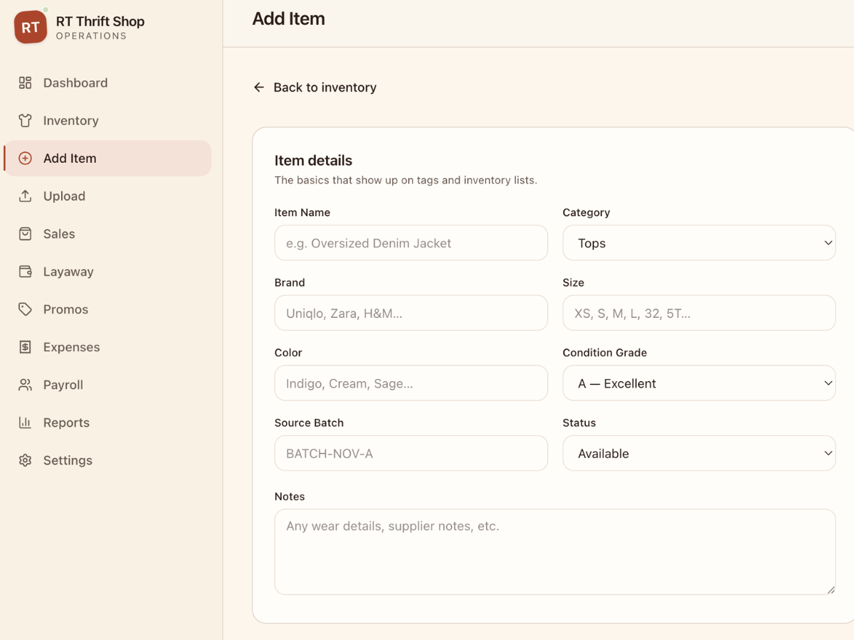 Add item form with category and condition fields