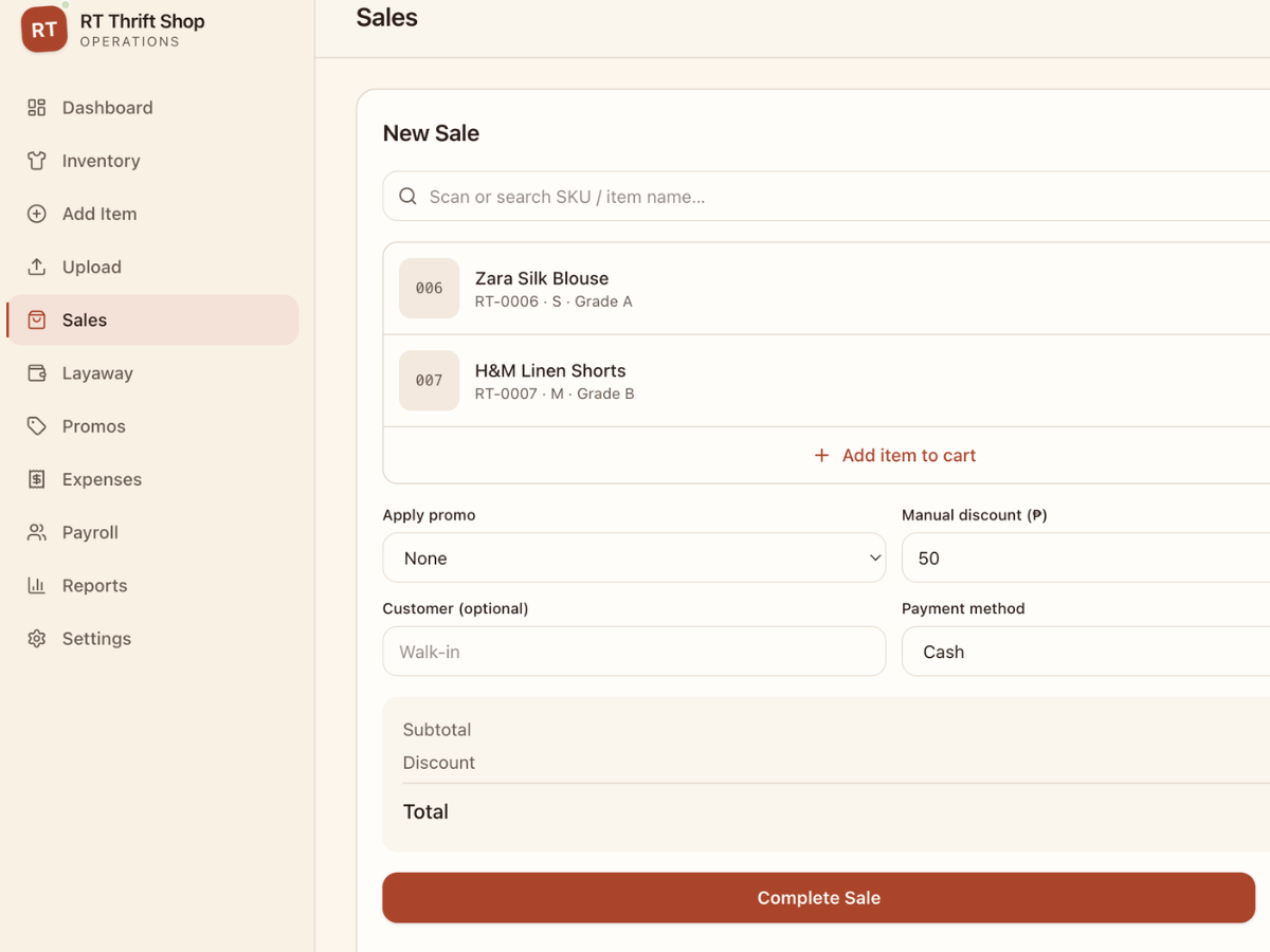 New sale screen with cart and payment options