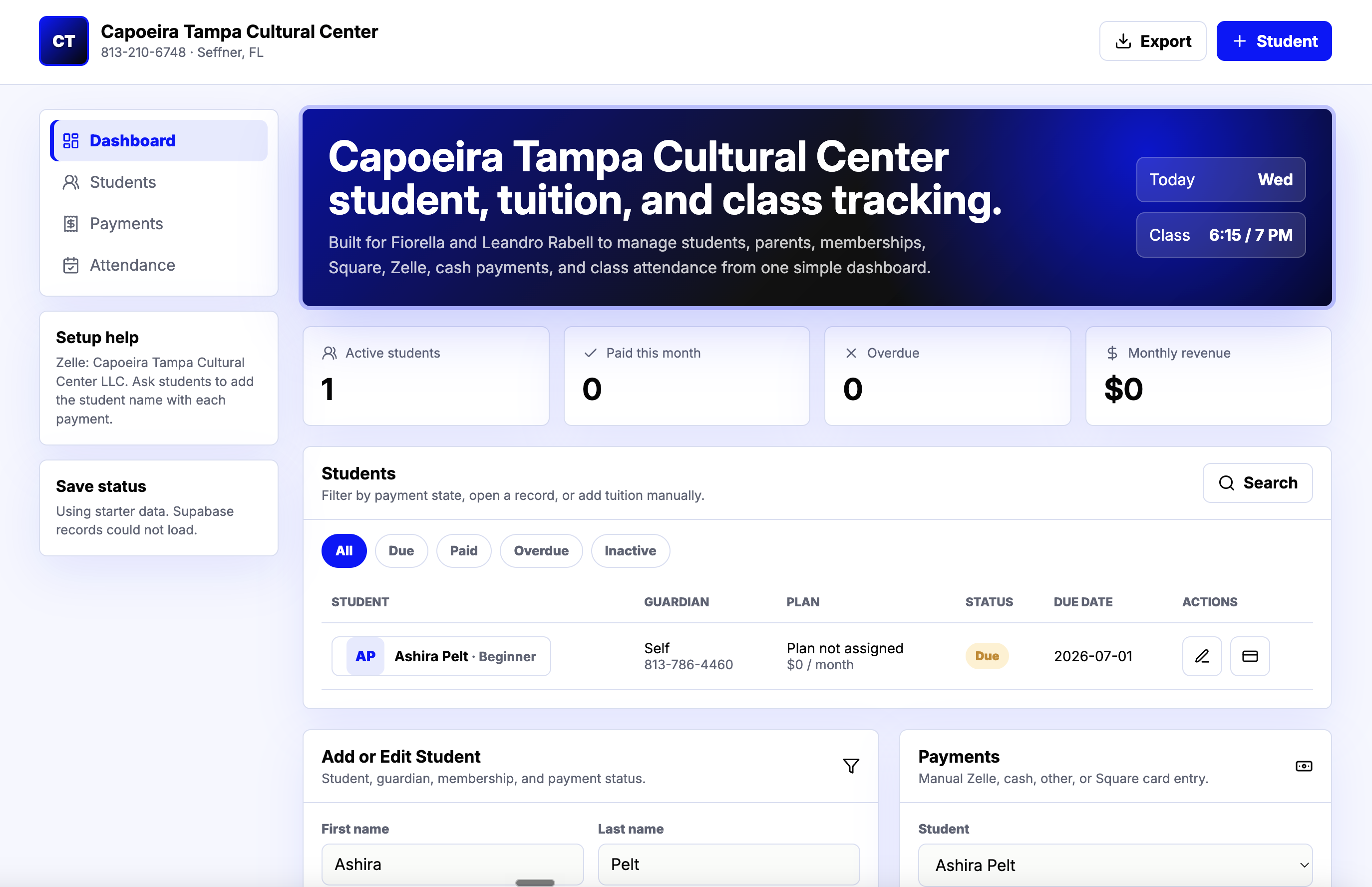 Capoeira Tampa Cultural Center — student, tuition, class, and attendance dashboard