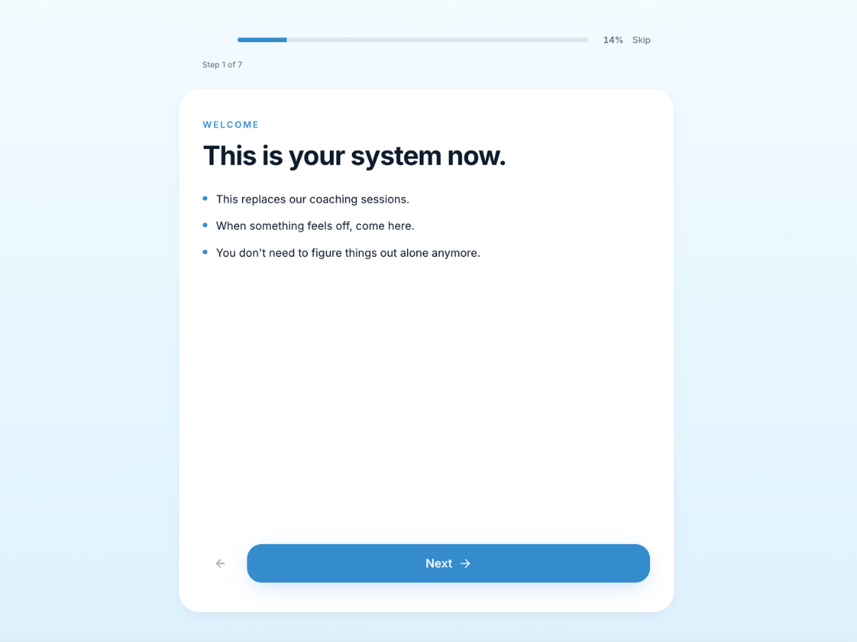 Life Coaching App — guided client onboarding flow