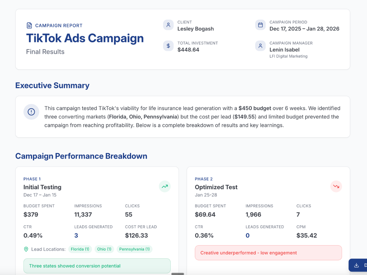 TikTok Ads campaign — client report with phased performance breakdown