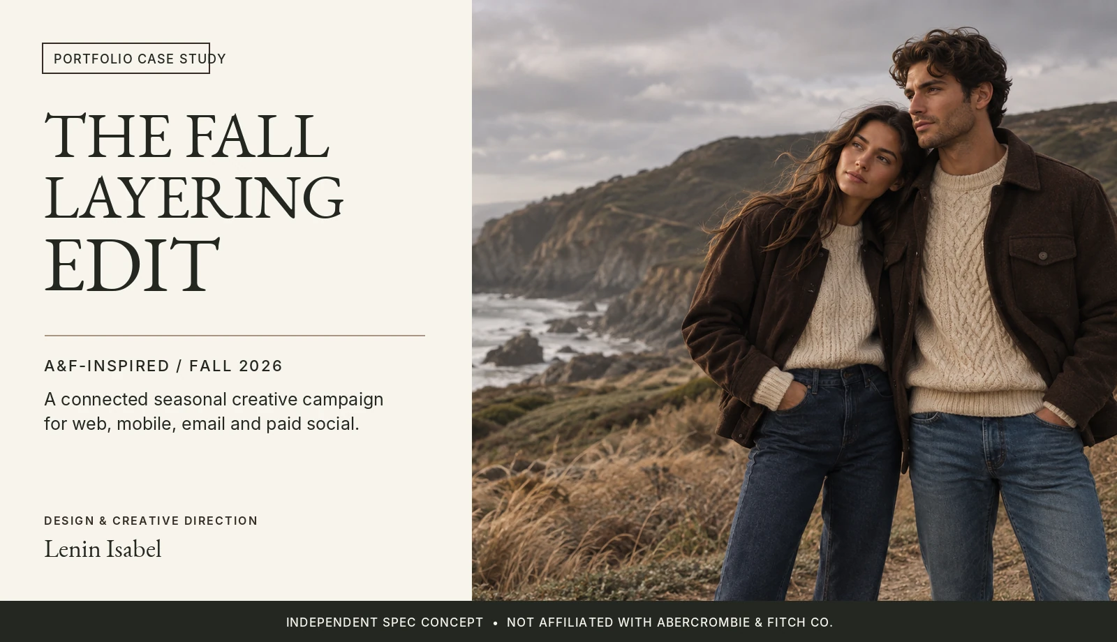 The Fall Layering Edit campaign cover: a man and woman in textured jackets and cream cable-knit sweaters on a coastal hillside, beside the campaign title on a cream panel.