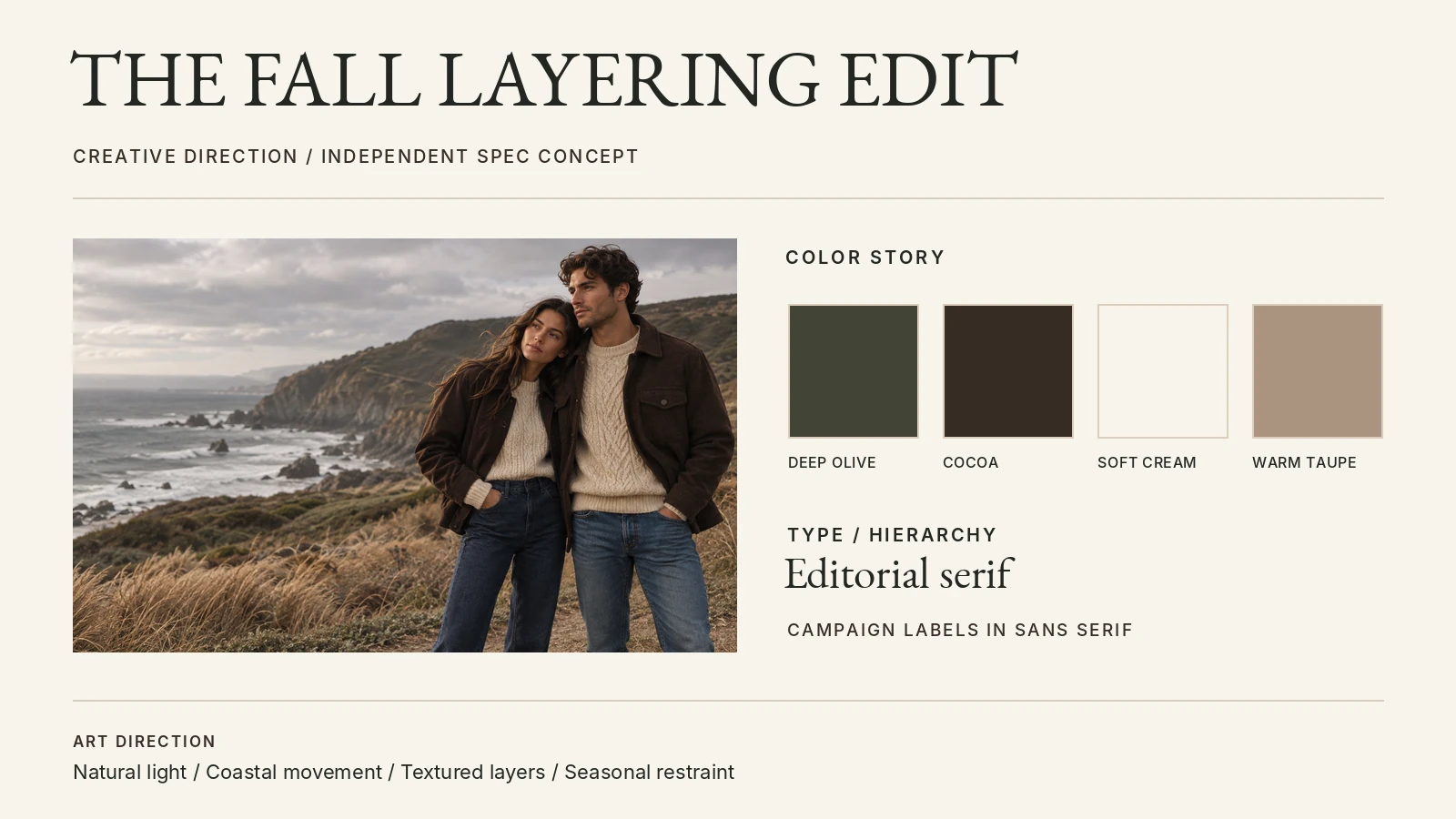 Creative direction board with the campaign photograph, a four-color palette, an editorial serif and sans-serif type direction, and art direction notes.