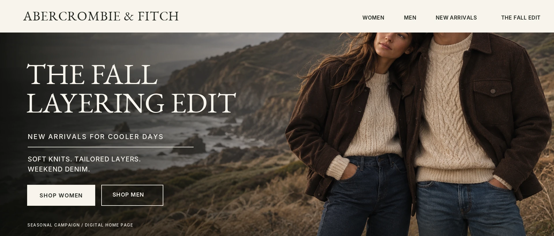 Desktop website hero for The Fall Layering Edit with the headline, new arrivals copy, and Shop Women and Shop Men buttons over coastal fall photography.
