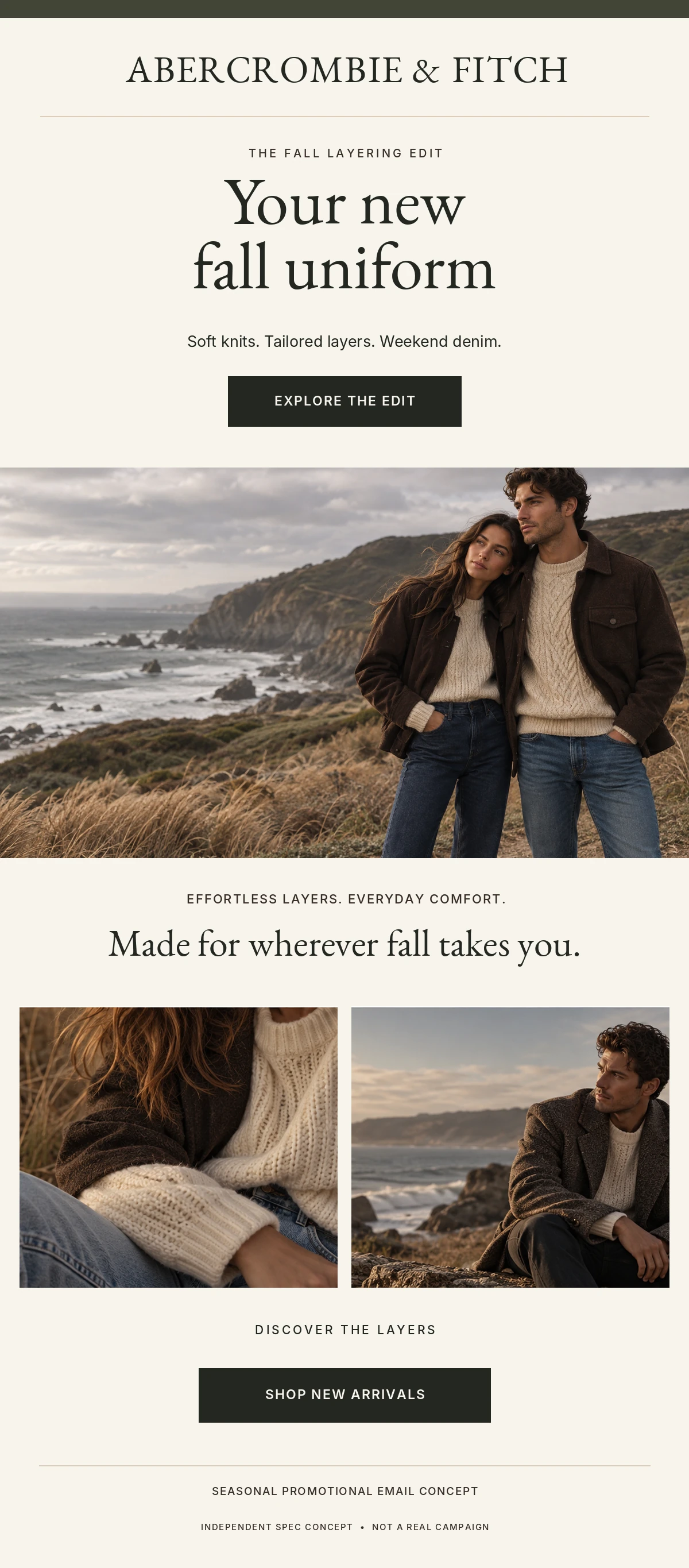 Promotional email concept headlined Your new fall uniform, with a primary button, a coastal lifestyle photograph, two supporting images, and a Shop New Arrivals button.