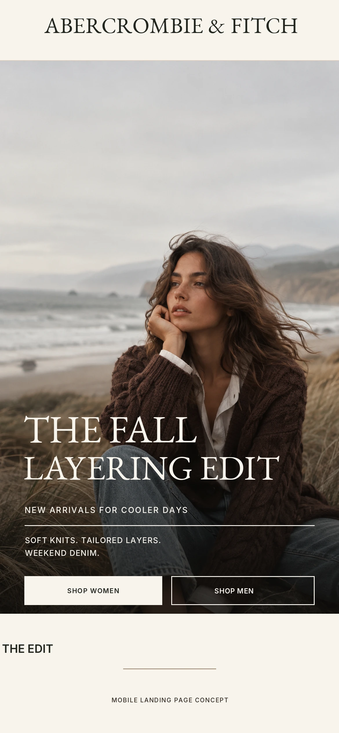 Mobile website concept with a woman in a brown cable-knit cardigan on a beach, the campaign headline, and Shop Women and Shop Men buttons.
