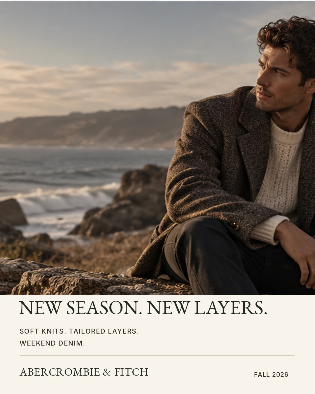 Alternate paid social feed ad with a man in a tweed coat on a rocky coast and the line New season. New layers.