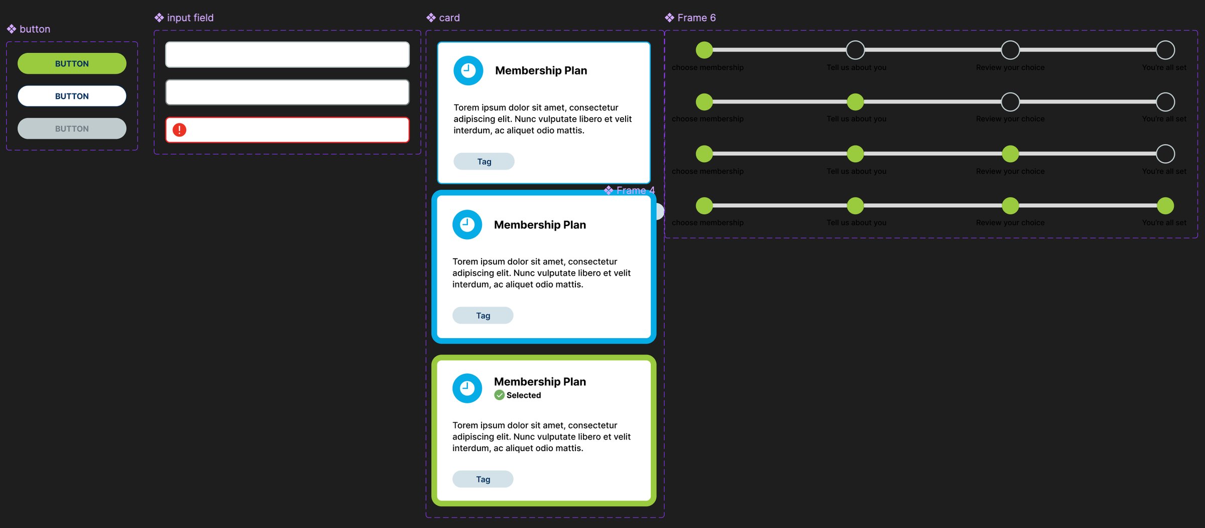 Component library: buttons, inputs, plan card states, and progress stepper variants