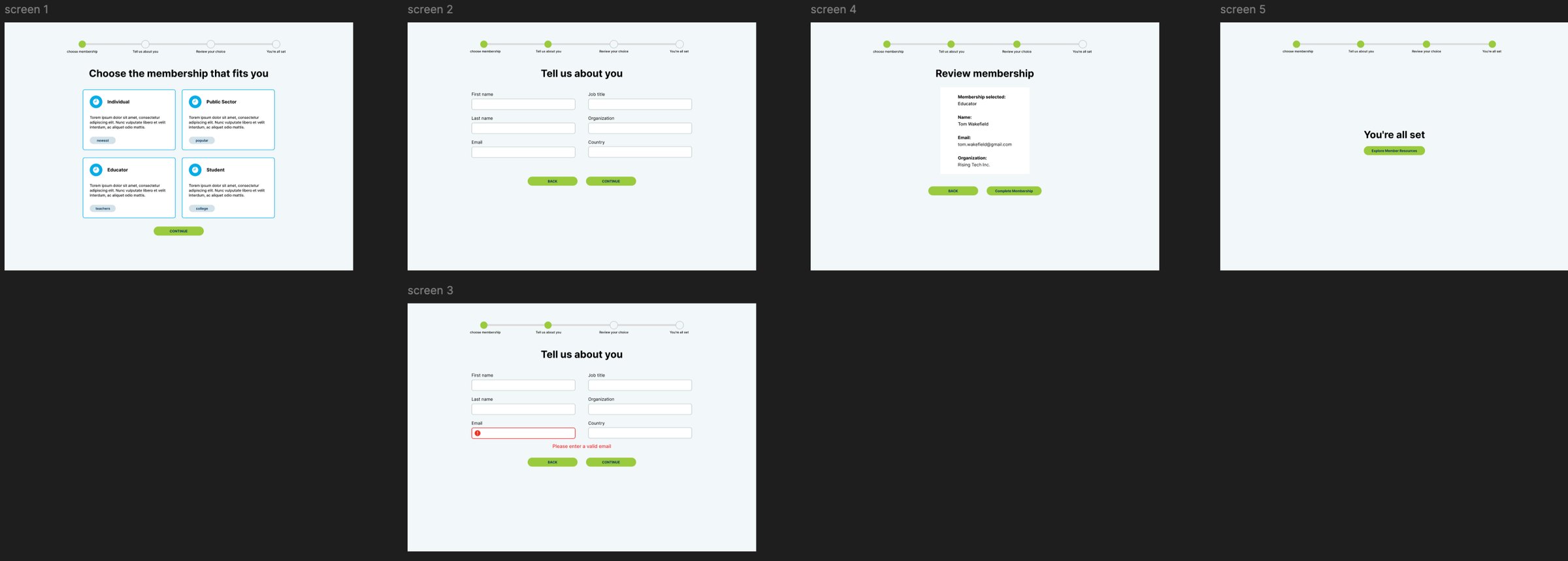 Full flow, including the email validation error state