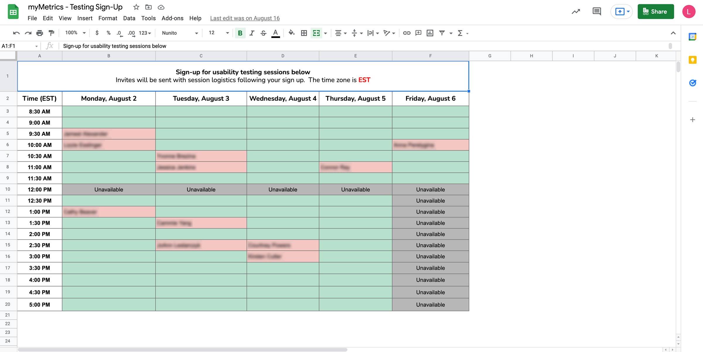 Sign-up sheet I set up for usability testing sessions (names blurred)