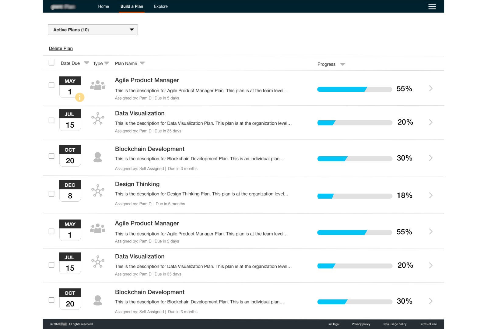 Plan list with due dates, plan type, and progress